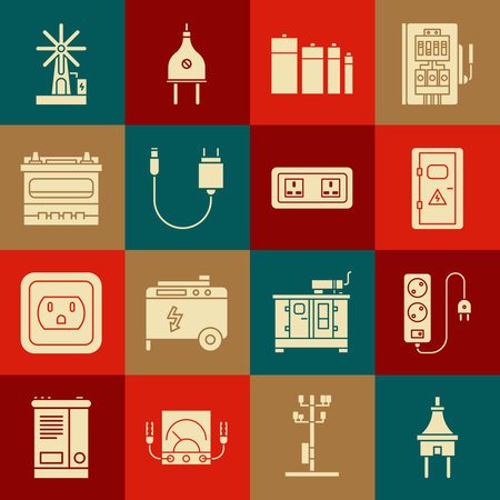 Set Electric plug extension cord Electrical cabinet Battery Charger Car battery Wind turbine and outlet icon. Vector.のイラスト素材