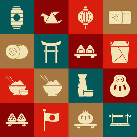 Set Traditional Japanese katana Maneki neko cat Rstaurant opened take out box filled paper lantern Gate Sushi and cutting board icon. Vector.のイラスト素材