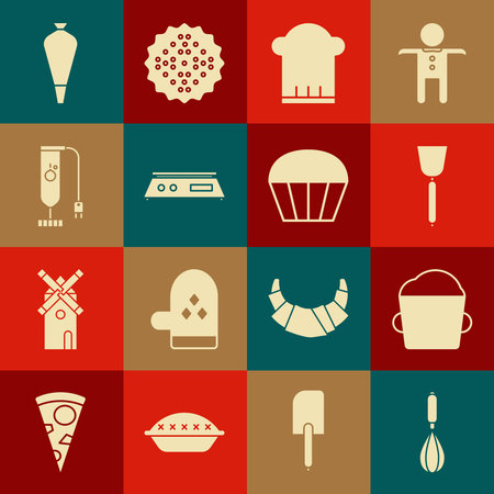 Set Kitchen whiskey Bakery bowl dough Spatula Chef hat Electronic scales Blender Pastry bag for decorate cakes and Muffin icon. Vector.のイラスト素材