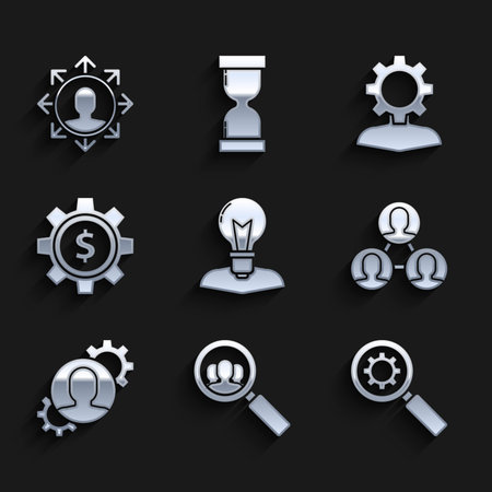Set Human head with lamp bulb Magnifying glass for search people and gear Project team base inside Gear dollar symbol and icon. Vector.のイラスト素材