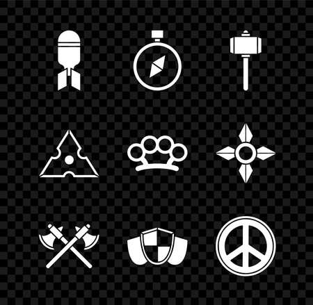Set Aviation bomb Compass Battle hammer Crossed medieval axes Shield Peace Japanese ninja shuriken and Brass knuckles icon. Vector.のイラスト素材