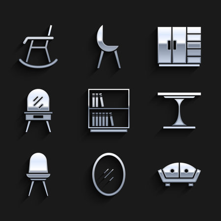 Set Library bookshelf Mirror Sofa Round table Chair Dressing Wardrobe and Armchair icon. Vector.のイラスト素材