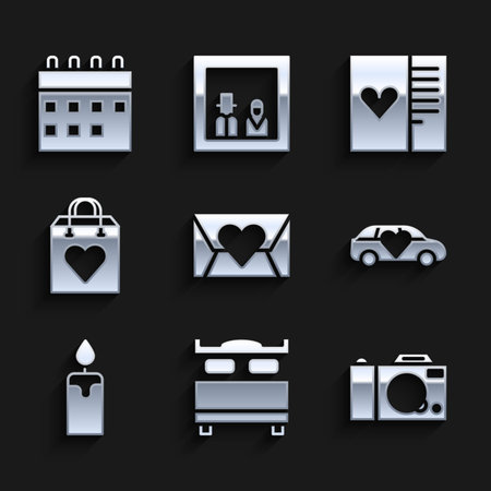 Set Envelope with Valentine heart Bedroom Photo camera Limousine car Burning candle Shopping bag Postcard and Calendar icon. Vector.のイラスト素材