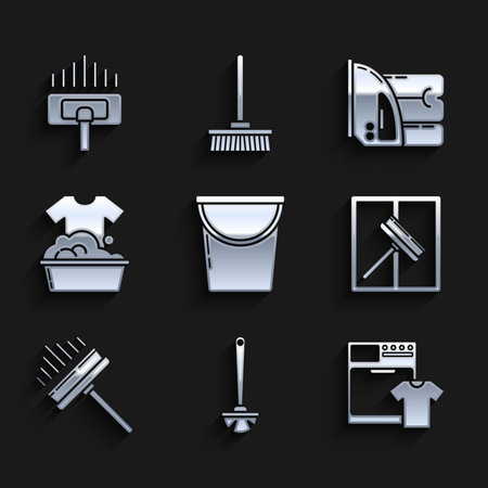 Set Bucket Toilet brush Washer and t-shirt Squeegee scraper wiper Plastic basin with soap suds Electric iron towel and Vacuum cleaner icon. Vector.のイラスト素材