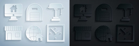 Set Globe with house symbol Table lamp Shopping building or market store Clock Warehouse and Computer monitor smart home icon. Vector.のイラスト素材