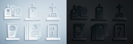 Set Death certificate Grave with cross tombstone Burning candle and icon. Vector.のイラスト素材