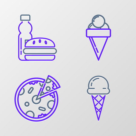 Set line Ice cream in waffle cone Pizza and Bottle of water and burger icon. Vector.のイラスト素材