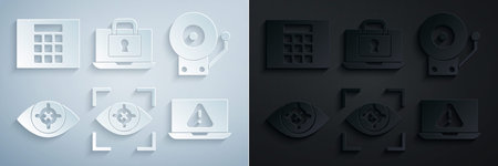 Set Eye scan Ringing alarm bell Laptop with exclamation mark and lock and Password protection icon....