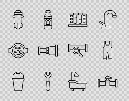 Set line Bucket Industry pipe and valve Test tube with water drop Wrench spanner Water filter Pipe adapter Bathtub and Work overalls icon. Vector.のイラスト素材