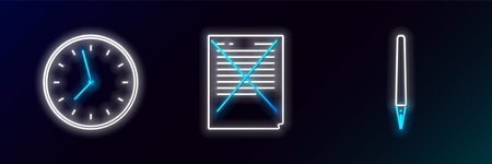 Set line Pen Clock and Exam paper with incorrect answers survey icon. Glowing neon. Vector.のイラスト素材