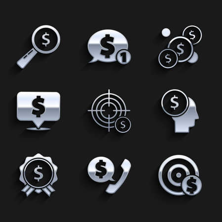 Set Target with dollar symbol Telephone handset and speech bubble chat Business man planning mind Price tag Speech Coin money and Magnifying glass icon. Vector.のイラスト素材