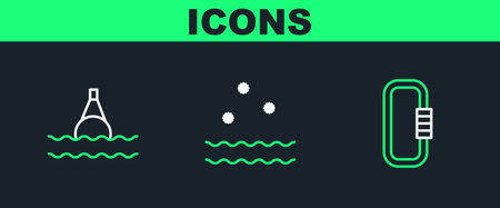 Set line Carabiner Floating buoy on the sea and Cold and waves icon. Vector.