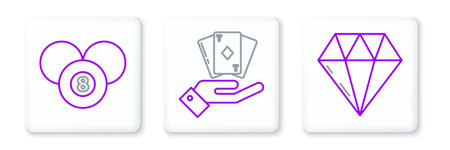 Set line Diamond Billiard pool snooker 8 ball and Hand holding deck of playing cards icon. Vector.のイラスト素材