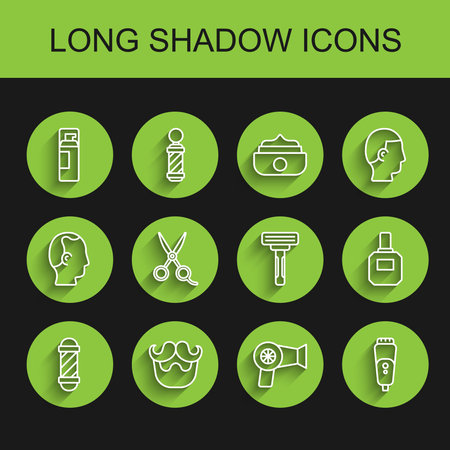 Set line Classic Barber shop pole Mustache and beard Shaving gel foam Hair dryer Electric razor blade Scissors hairdresser Aftershave and icon. Vector.のイラスト素材