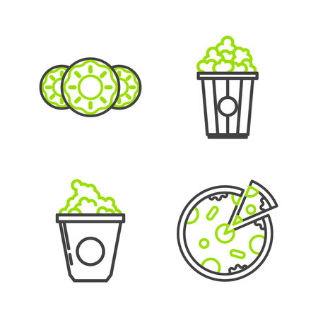 Set line Pizza Popcorn in cardboard box and Donut with sweet glaze icon. Vector.のイラスト素材