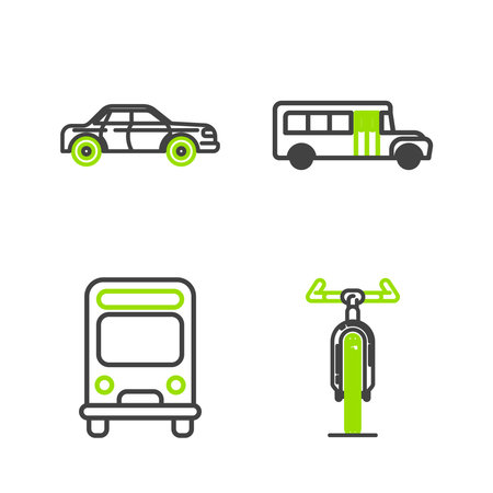 Set line Bicycle Bus School and Sedan car icon. Vector.のイラスト素材