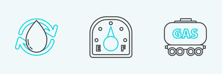 Set line Gas railway cistern Oil drop and Motor gas gauge icon. Vector.のイラスト素材