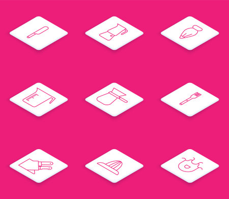 Set line Knife Moka pot Pastry bag for decorate cakes Measuring cup Coffee turk Fork and Citrus fruit juicer icon. Vector.のイラスト素材