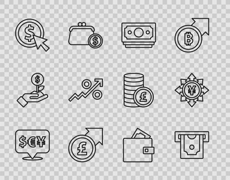 Set line Currency exchange ATM and money Stacks paper cash Financial growth pound Coin with dollar Percent up arrow Wallet and Yen icon. Vector.のイラスト素材