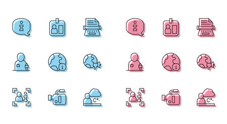 Set line Television report Cinema camera Information Weather forecast World news Journalist and id card icon. Vector.のイラスト素材