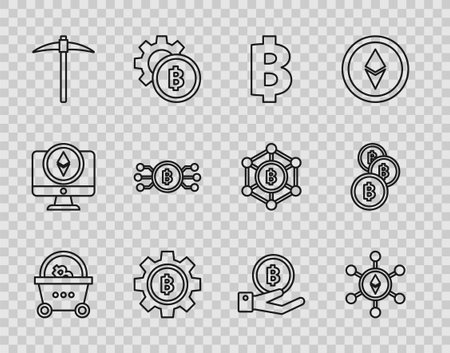 Set line Shopping basket with bitcoin Blockchain technology Ethereum ETH Cryptocurrency Bitcoin Pickaxe circle microchip circuit Hand holding and icon. Vector.のイラスト素材