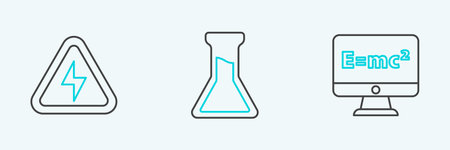 Set line Equation solution High voltage and Test tube and flask icon. Vector.