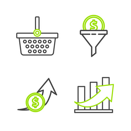 Set line Financial growth and coin Lead management and Shopping basket icon. Vector.のイラスト素材