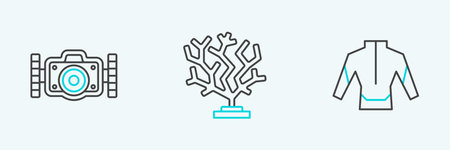 Set line Wetsuit Photo camera and Coral icon. Vector.のイラスト素材