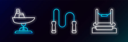 Set line Bungee Swing boat and Jump rope icon. Glowing neon. Vector.