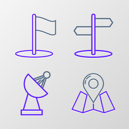 Set line Folded map with location marker Radar Road traffic sign and Flag icon. Vector.のイラスト素材
