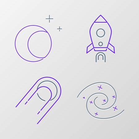 Set line Black hole Satellite Rocket ship with fire and Moon and stars icon. Vector.のイラスト素材