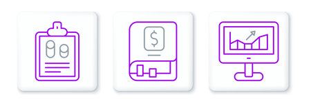Set line Computer with growth graph Business finance report and Financial book icon. Vector.のイラスト素材