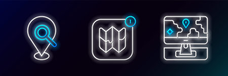 Set line Monitor with location marker Search and Infographic of city map icon. Glowing neon. Vector.のイラスト素材
