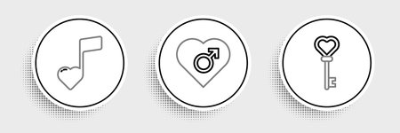 Set line Key in heart shape Music note tone with hearts and Heart male gender icon. Vector.のイラスト素材