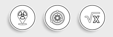 Set line Square root of x glyph Radioactive in location and Solar system icon. Vector.