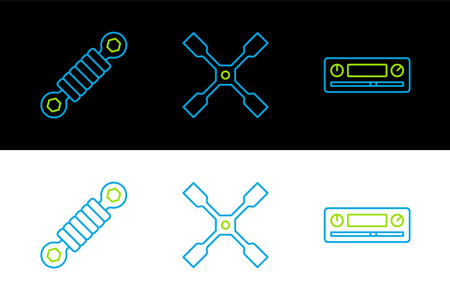 Set line Car Audio Shock absorber and Wheel wrench icon. Vector.のイラスト素材