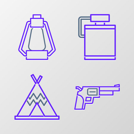 Set line Revolver gun Indian teepee or wigwam Canteen water bottle and Camping lantern icon. Vector.のイラスト素材