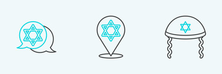 Set line Jewish kippah Star of David and icon. Vector.のイラスト素材