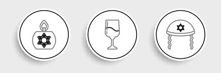 Set line Jewish kippah Burning candle and goblet icon. Vector.