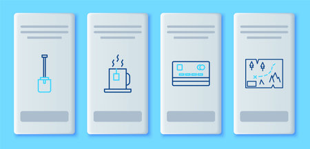 Set line Cup of tea with tea bag Credit card Shovel and Folded map location icon. Vector.のイラスト素材