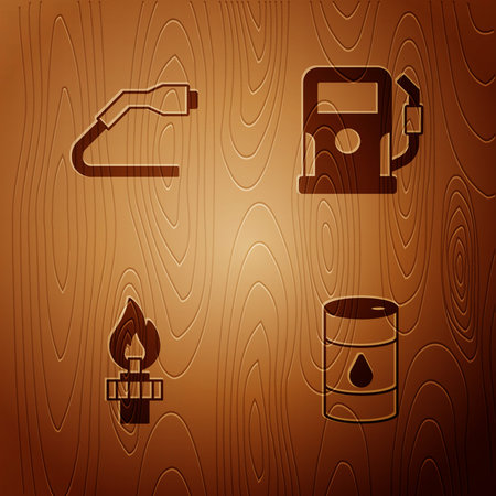 Set Barrel oil, Electrical cable plug charging, Oil rig with fire and Petrol or gas station on wooden background. Vector.のイラスト素材
