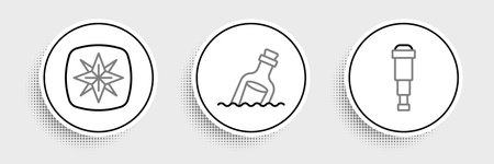 Set line Spyglass telescope lens Wind rose and Bottle with message water icon. Vector.のイラスト素材