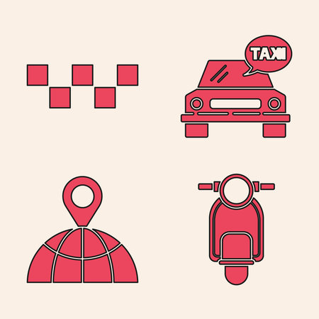 Set Scooter, Taxi car roof, Taxi car and Location on the globe icon. Vector.のイラスト素材