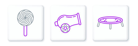 Set line Jumping trampoline Lollipop and Cannon icon. Vector.のイラスト素材