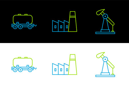 Set line Oil pump or pump jack railway cistern and industrial factory building icon. Vector.のイラスト素材