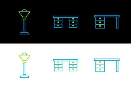 Set line Office desk Floor lamp and icon. Vector.のイラスト素材