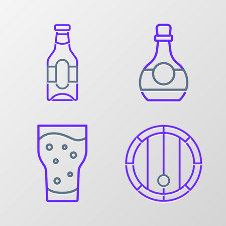 Set line Wooden barrel Glass of beer Bottle cognac or brandy and Beer bottle icon. Vector.のイラスト素材
