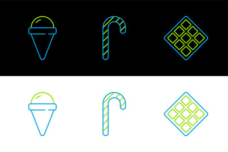 Set line Waffle Ice cream in waffle cone and Christmas candy cane icon. Vector.のイラスト素材