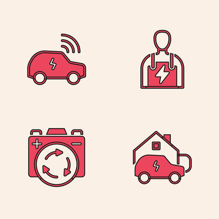 Set Charging car at home Smart system Car mechanic and Battery with recycle symbol icon. Vector.のイラスト素材