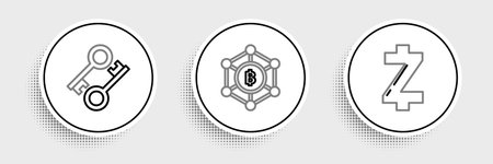 Set line Cryptocurrency coin Zcash ZEC key and Blockchain technology Bitcoin icon. Vector.のイラスト素材